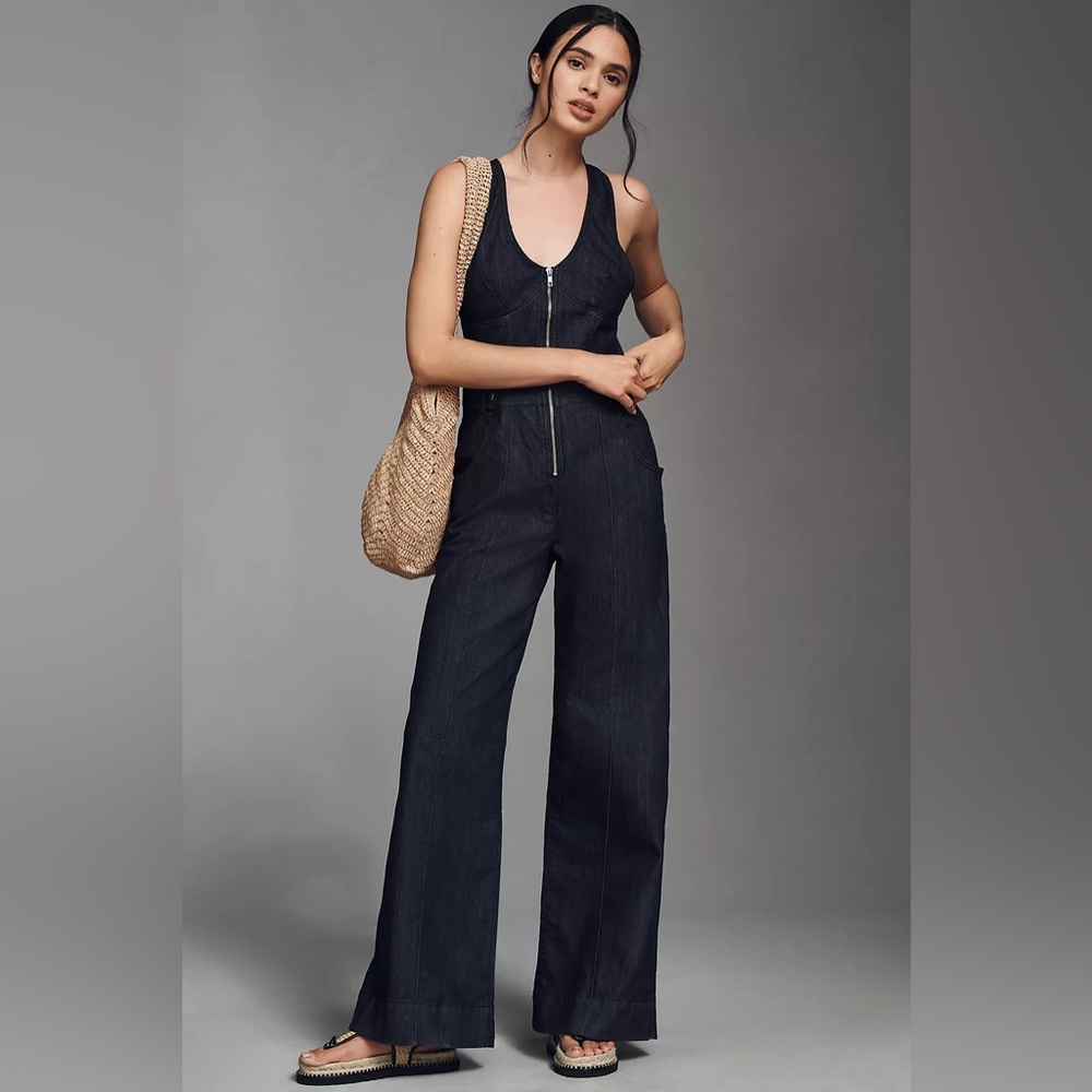 MAEVE Sleeveless Dark Denim Wide-Leg Zip-Front Jumpsuit Anthropologie Sz 8